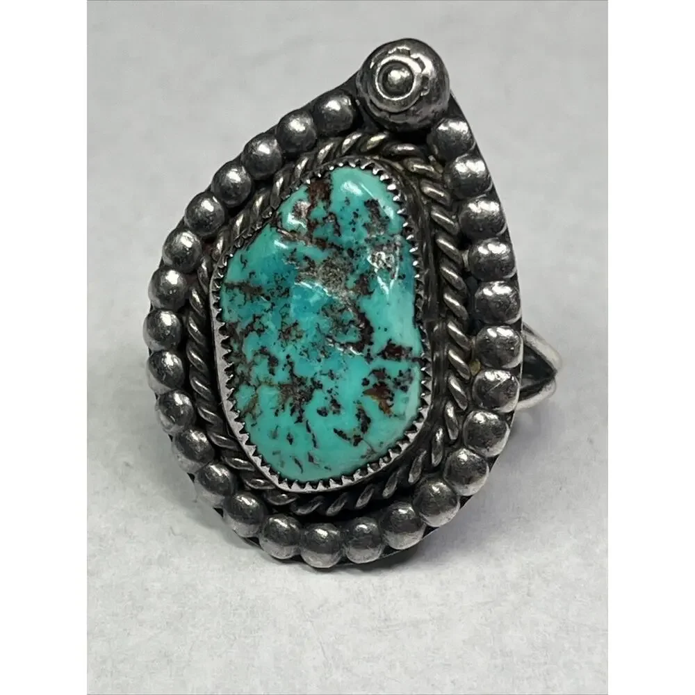 Sterling Ring 925 Turquoise Ring Size 8 Navajo Inspired Signed RL Vintage Chunky